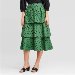 Who What Wear Skirt Layered Ruffles Green Black Polka Dots Size 10